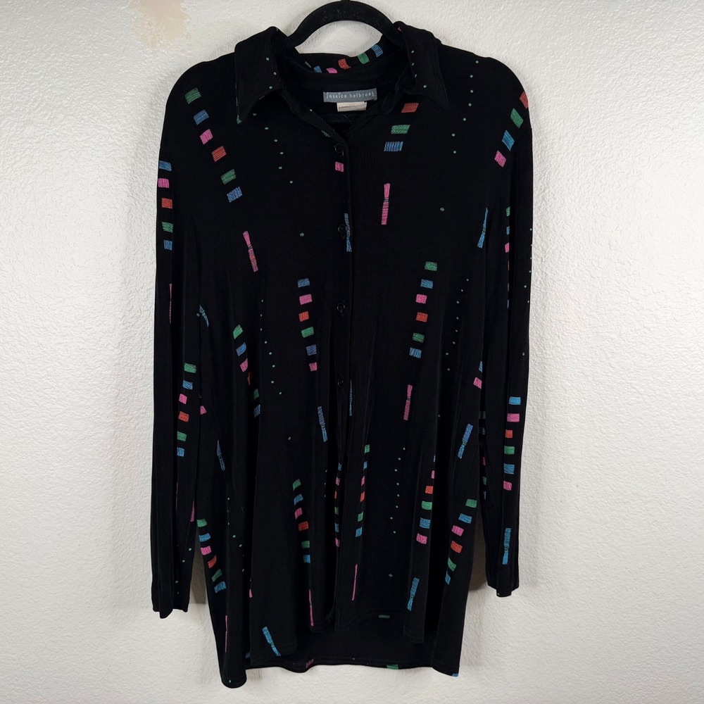 Jessica Holbrook Women's Top Black Sz L Button Up Liquid Knit Lagenlook Artsy